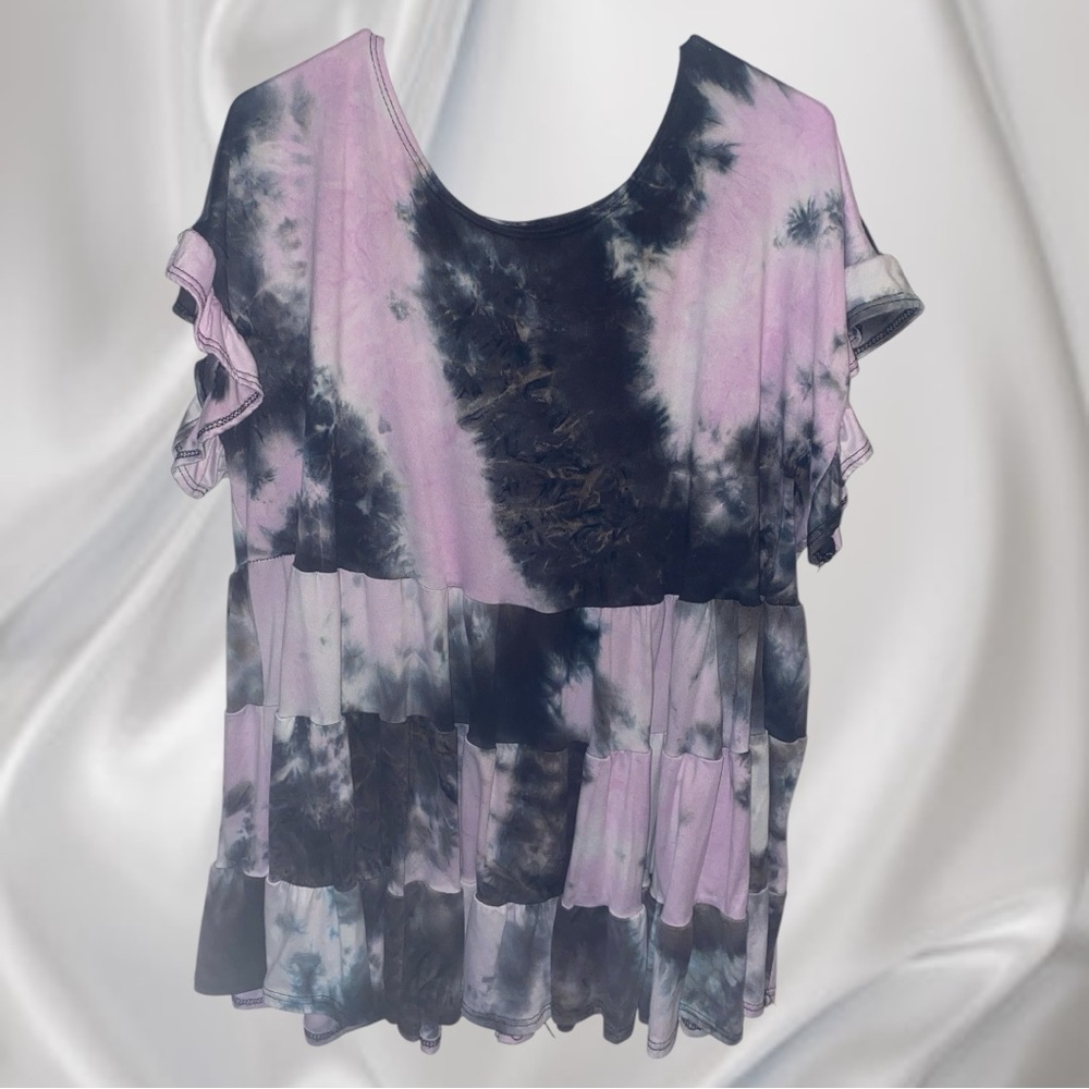 Tie-Dye Ruffle Sleeve Top - Pink and Black